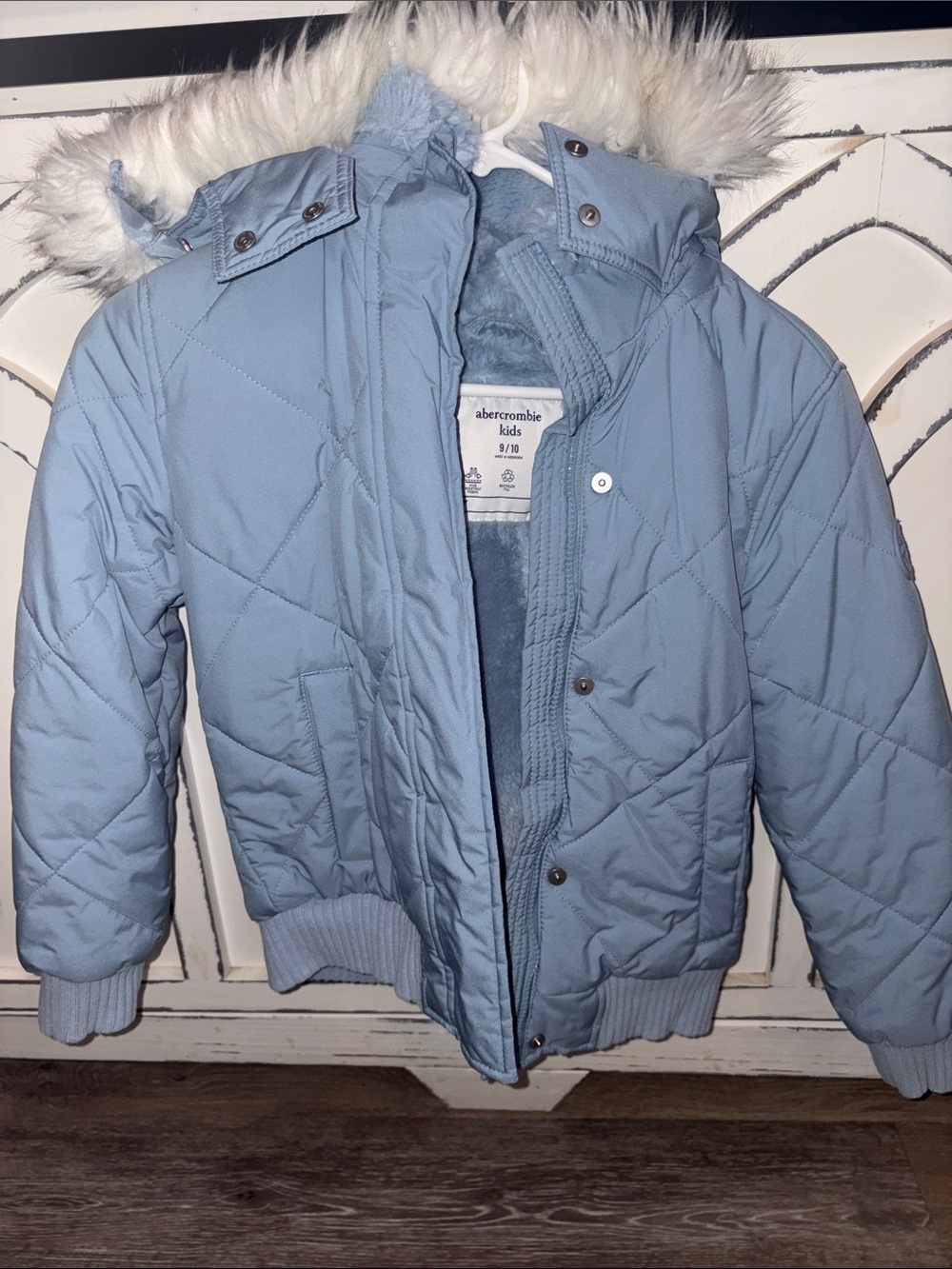 abercrombie kids powder blue quilted puffer with faux-fur hood